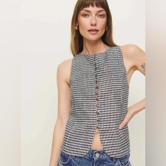 new Reformation Addison linen gingham sleeveless top in Remy Check